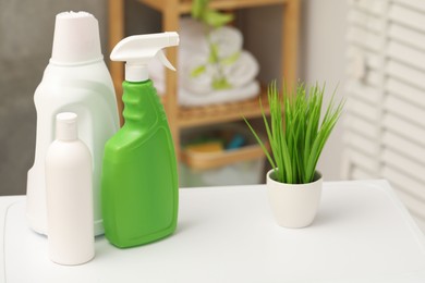 Photo of Different laundry detergents and green houseplant on white table indoors