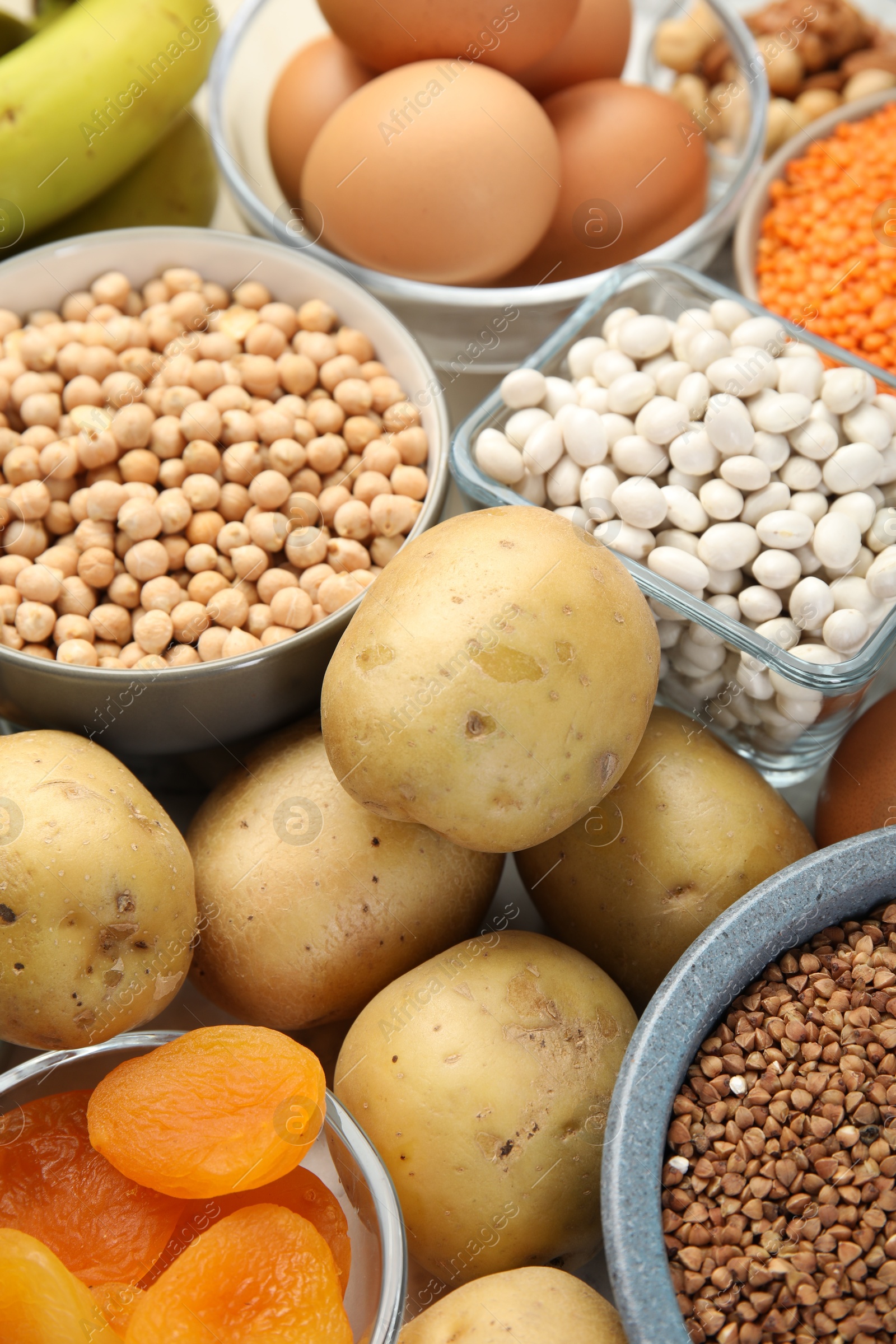 Photo of Different products rich in iron on table, closeup. Diet plan for anemia