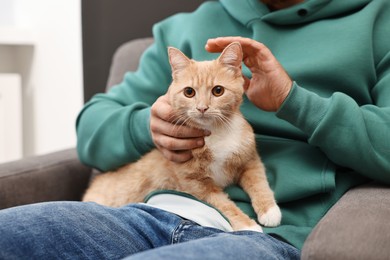 Man petting cute ginger cat on armchair at home, closeup