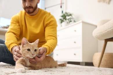 Man petting cute ginger cat on floor at home, selective focus. Space for text