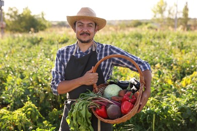 Harvesting season. Farmer holding wicker basket with fresh vegetables in field on sunny day