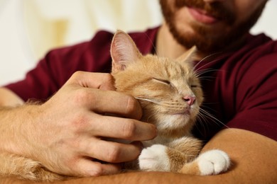 Photo of Man petting cute ginger cat on armchair at home, closeup