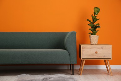 Photo of Stylish sofa and side table with green houseplant near orange wall indoors