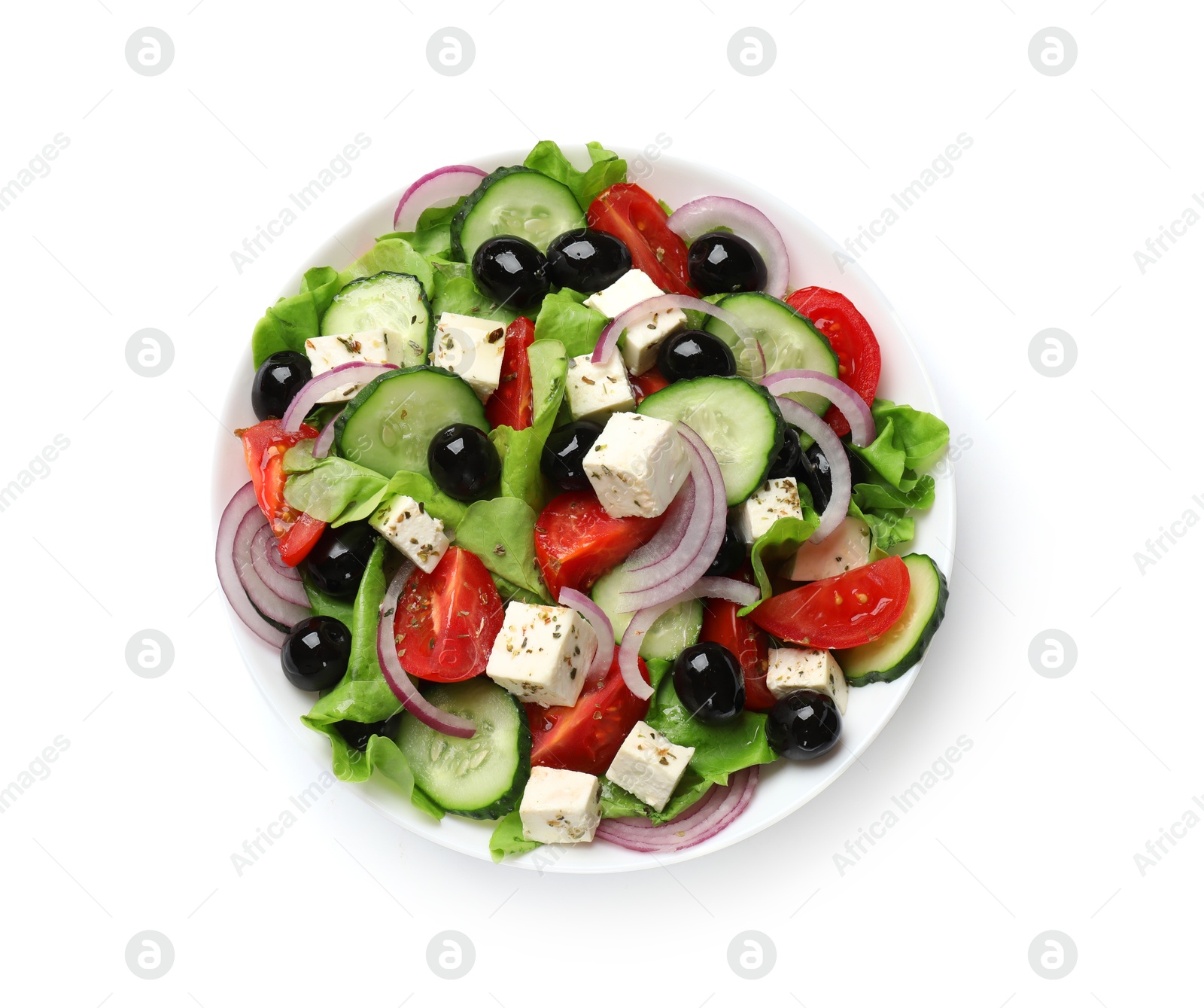 Photo of Delicious salad with feta cheese isolated on white, top view