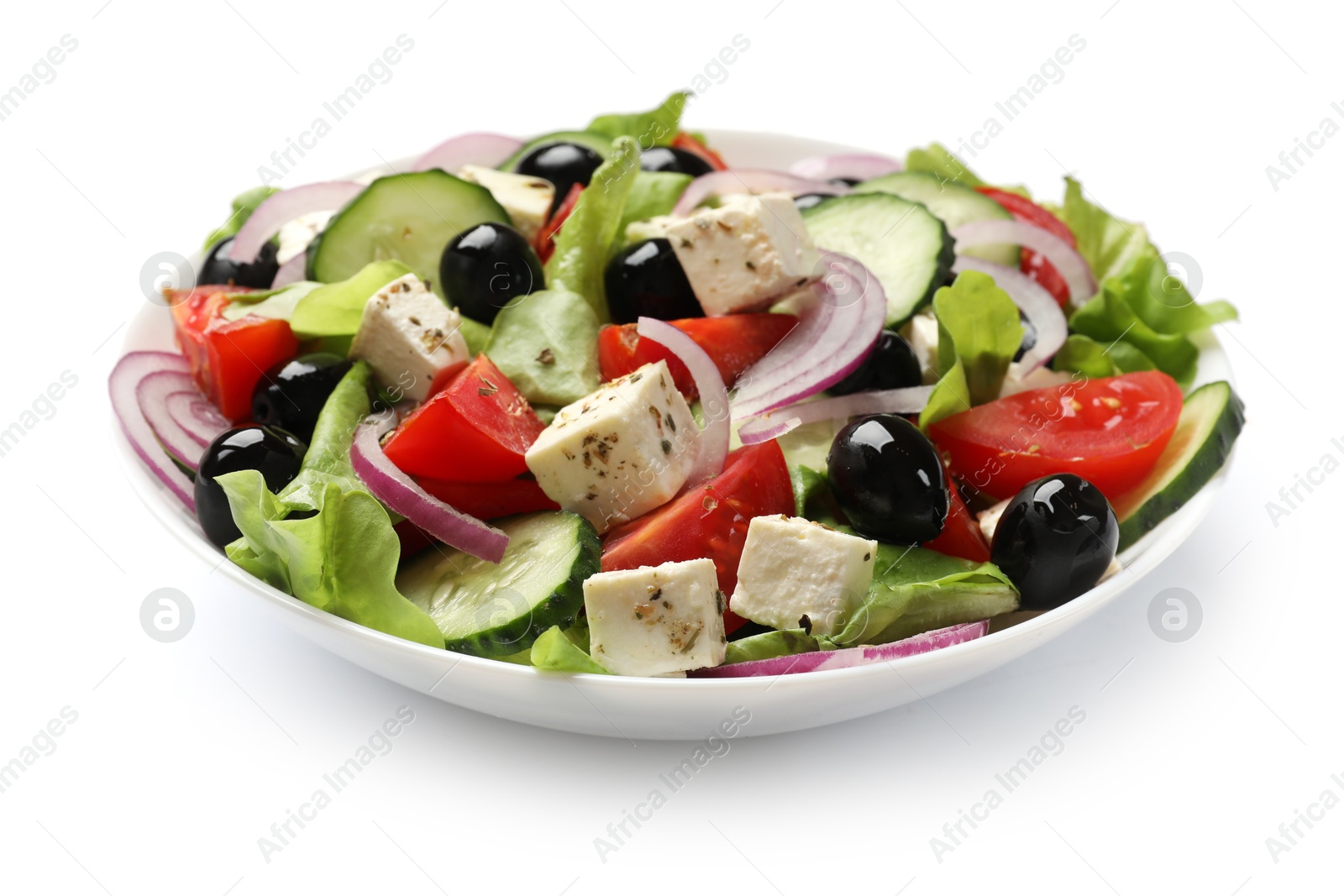 Photo of Delicious salad with feta cheese isolated on white