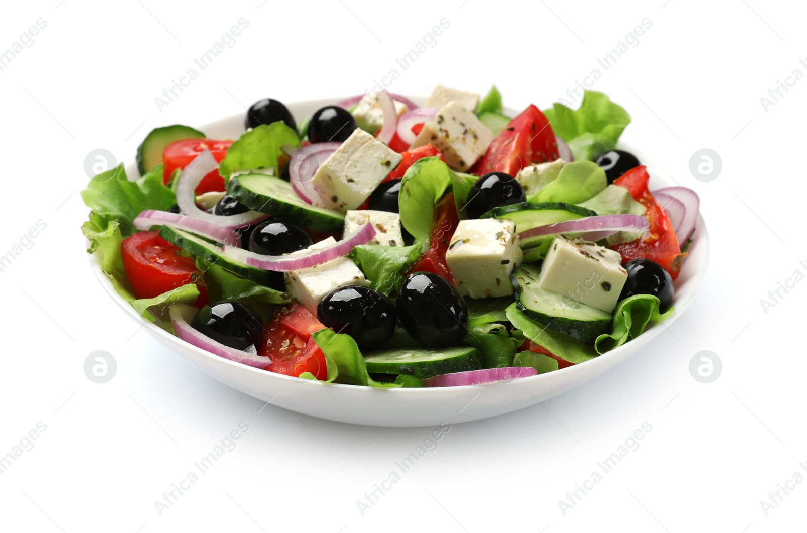 Photo of Delicious salad with feta cheese isolated on white