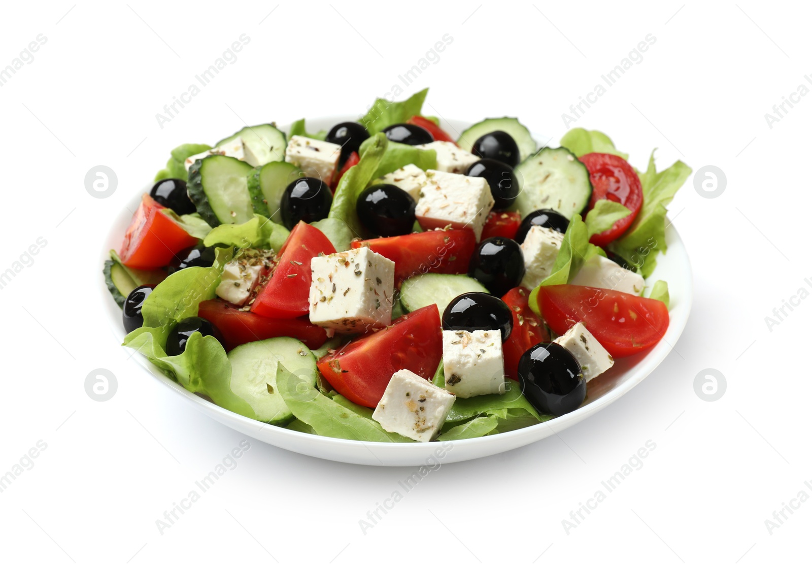 Photo of Delicious salad with feta cheese isolated on white