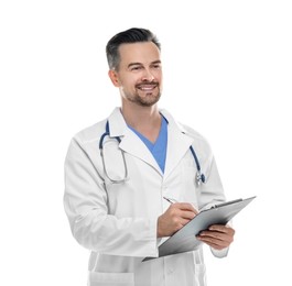 Photo of Smiling doctor with stethoscope and clipboard isolated on white