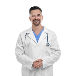 Smiling doctor with stethoscope isolated on white