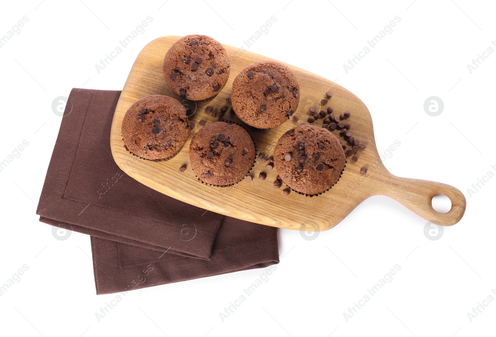 Photo of Delicious sweet muffins with chocolate chips isolated on white, top view