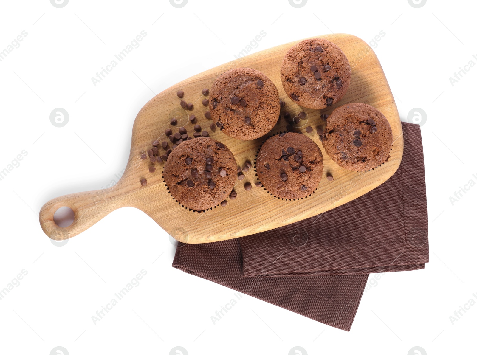 Photo of Delicious sweet muffins with chocolate chips isolated on white, top view