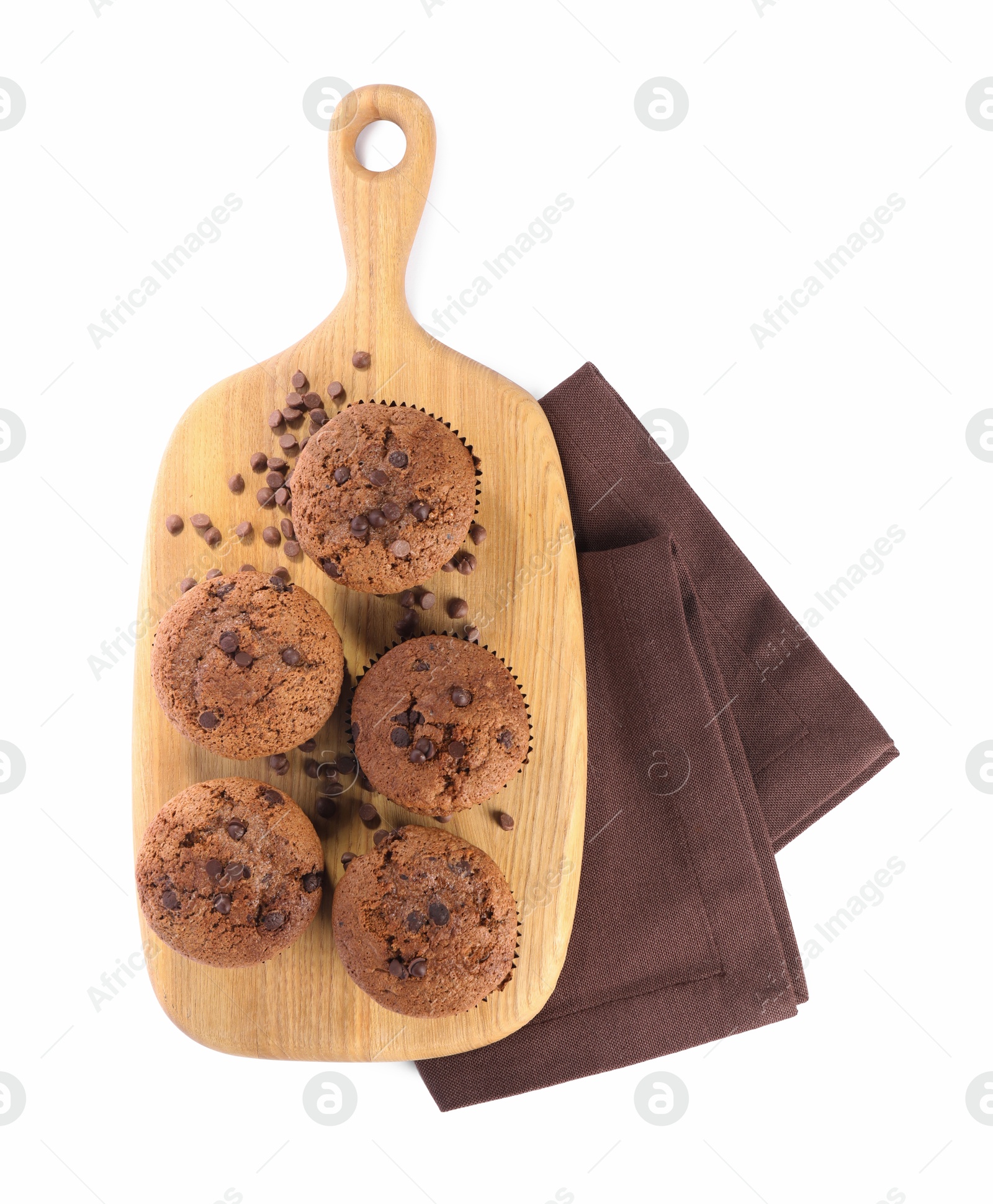 Photo of Delicious sweet muffins with chocolate chips isolated on white, top view