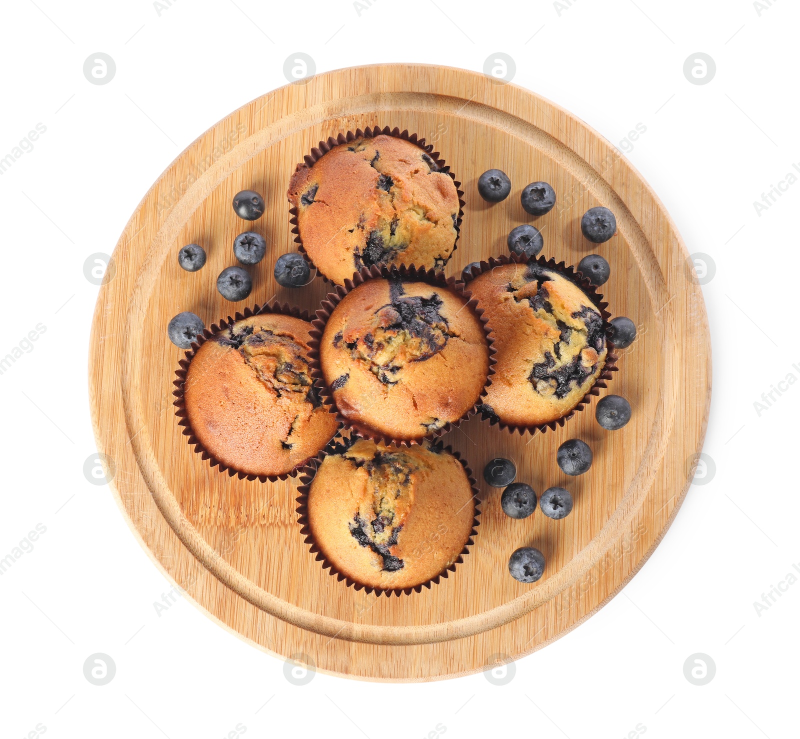 Photo of Delicious sweet muffins with blueberries isolated on white, top view