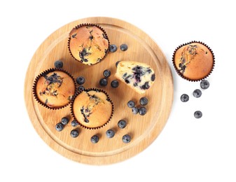 Photo of Delicious sweet muffins with blueberries isolated on white, top view