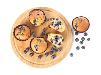 Photo of Delicious sweet muffins with blueberries isolated on white, top view