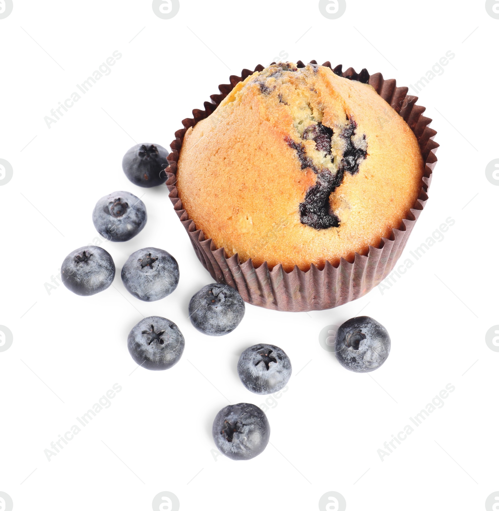 Photo of Delicious sweet muffins with blueberries isolated on white