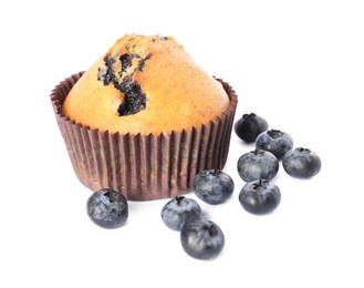 Photo of Delicious sweet muffins with blueberries isolated on white