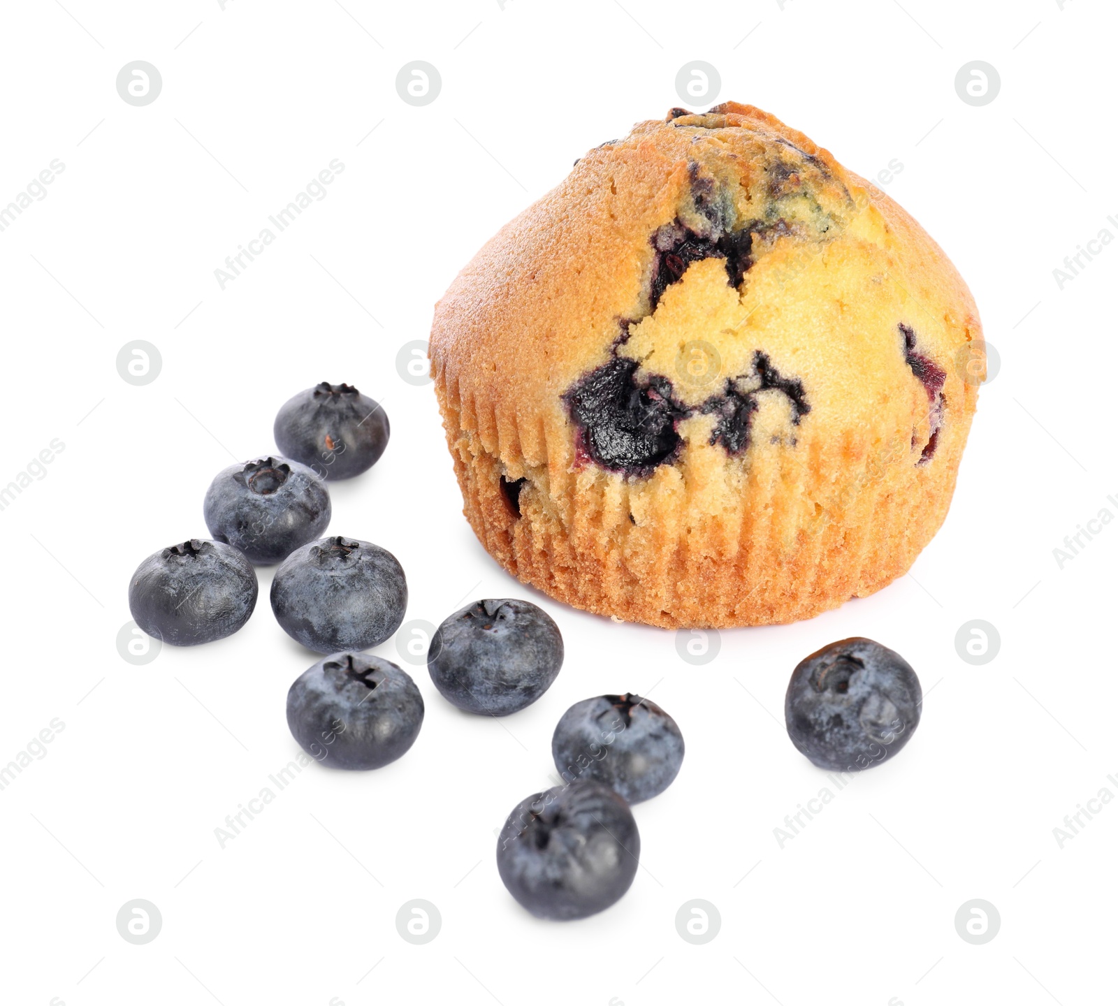 Photo of Delicious sweet muffins with blueberries isolated on white