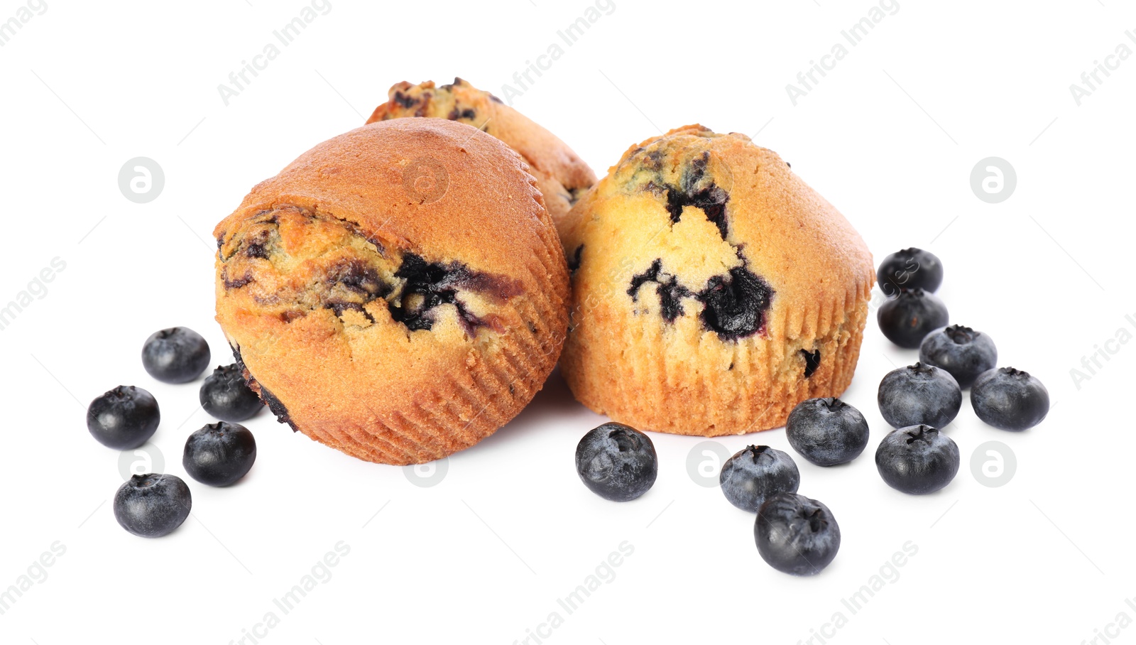 Photo of Delicious sweet muffins with blueberries isolated on white