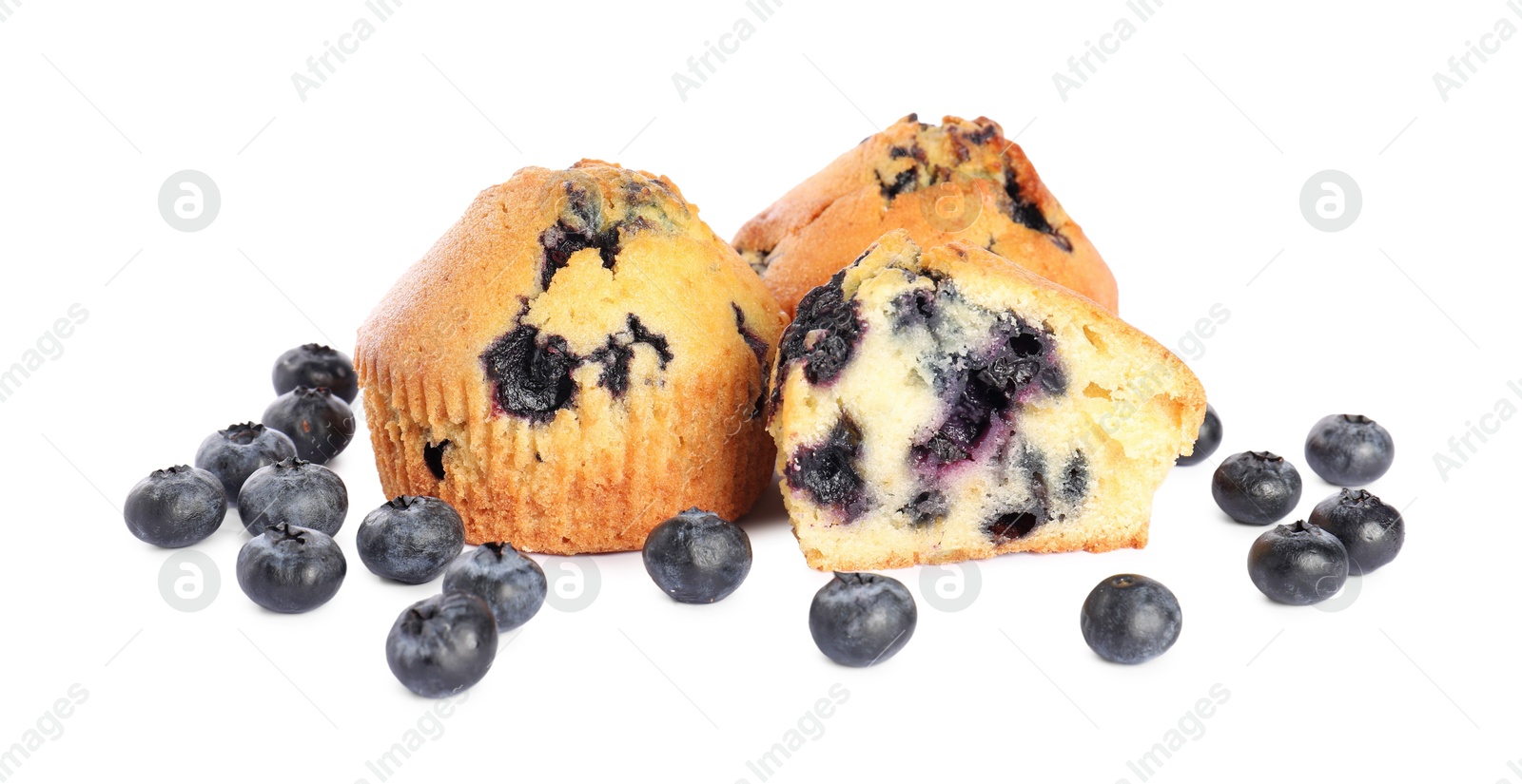 Photo of Delicious sweet muffins with blueberries isolated on white