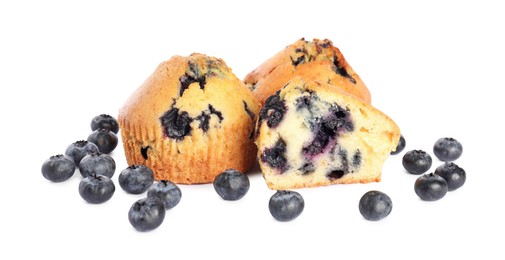 Photo of Delicious sweet muffins with blueberries isolated on white