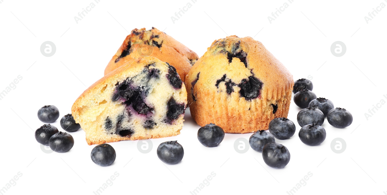 Photo of Delicious sweet muffins with blueberries isolated on white