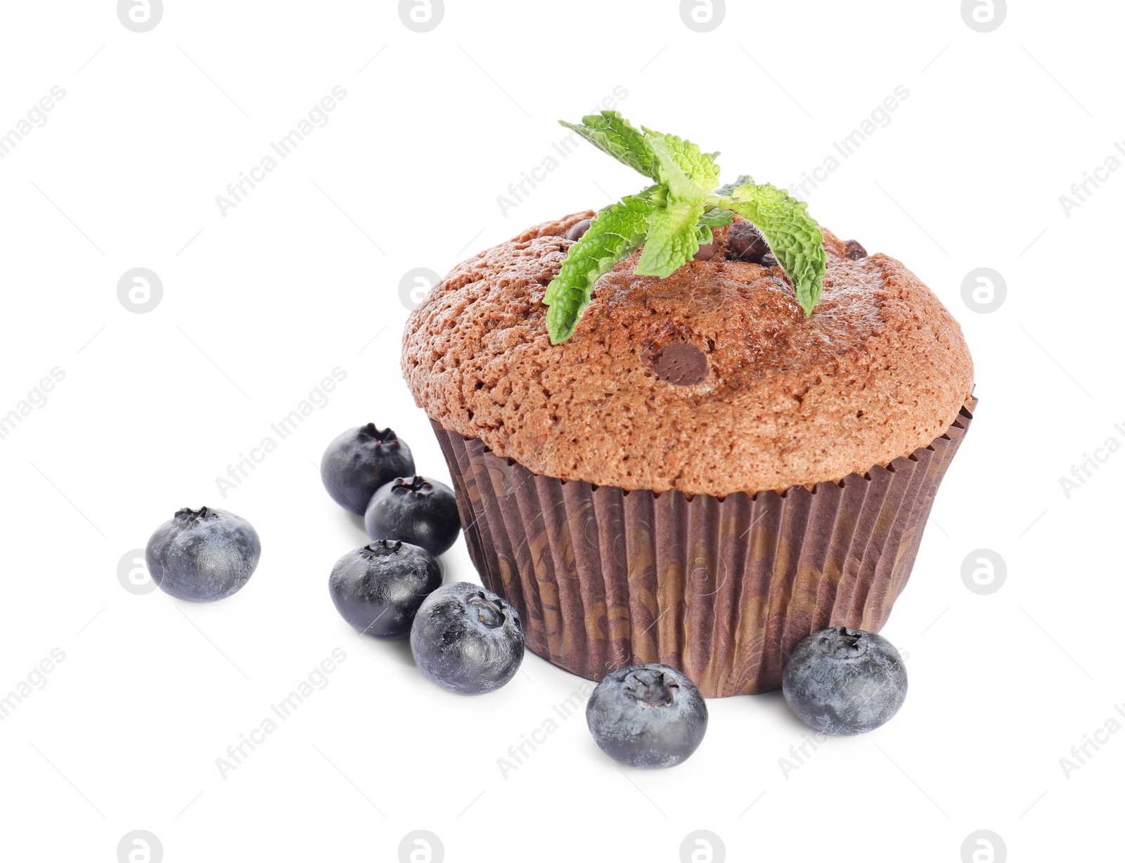 Photo of Delicious sweet muffin with mint and blueberries isolated on white