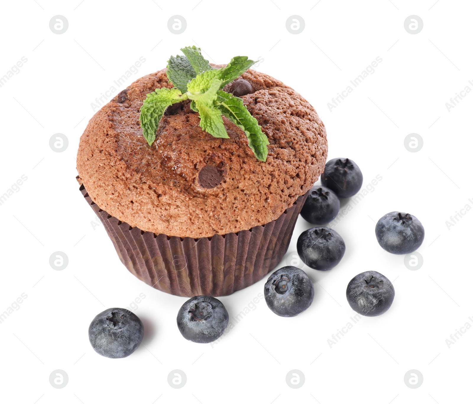 Photo of Delicious sweet muffin with mint and blueberries isolated on white