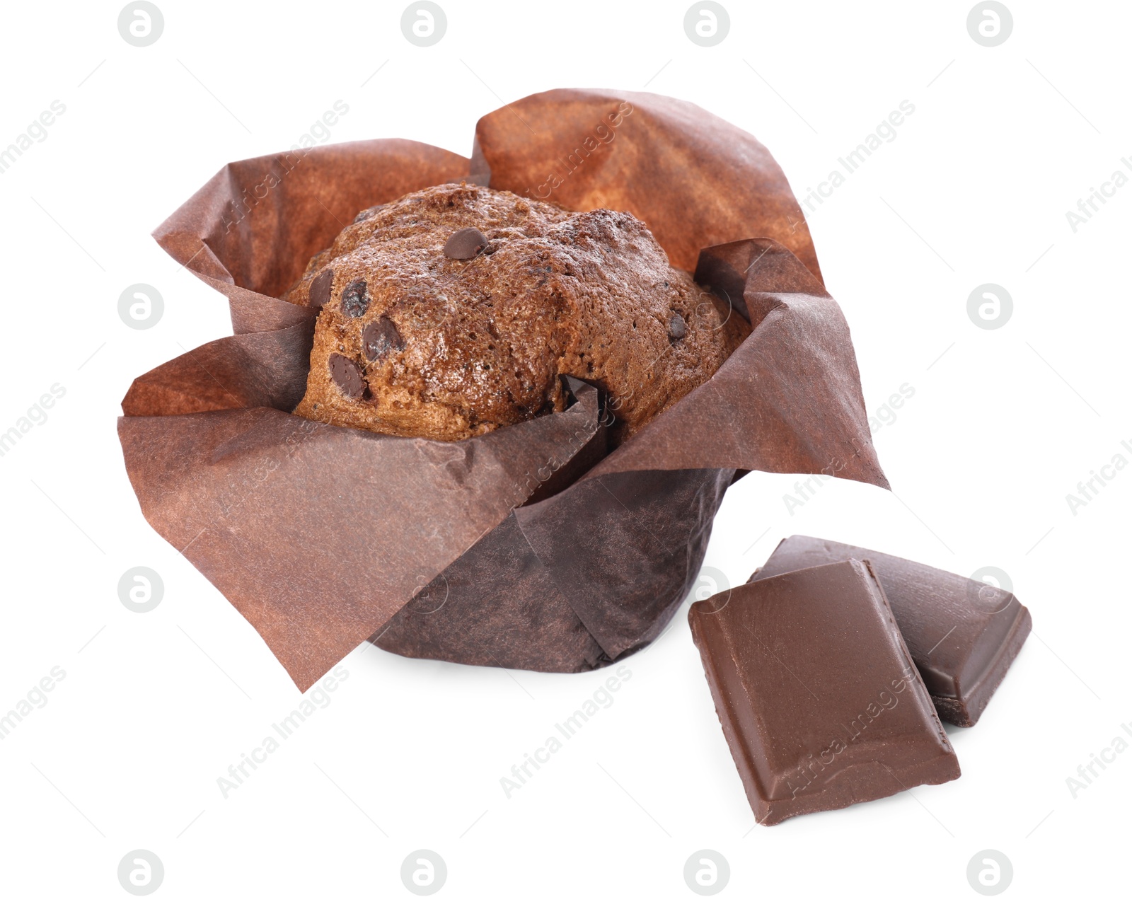 Photo of Delicious sweet muffin with chocolate chips isolated on white