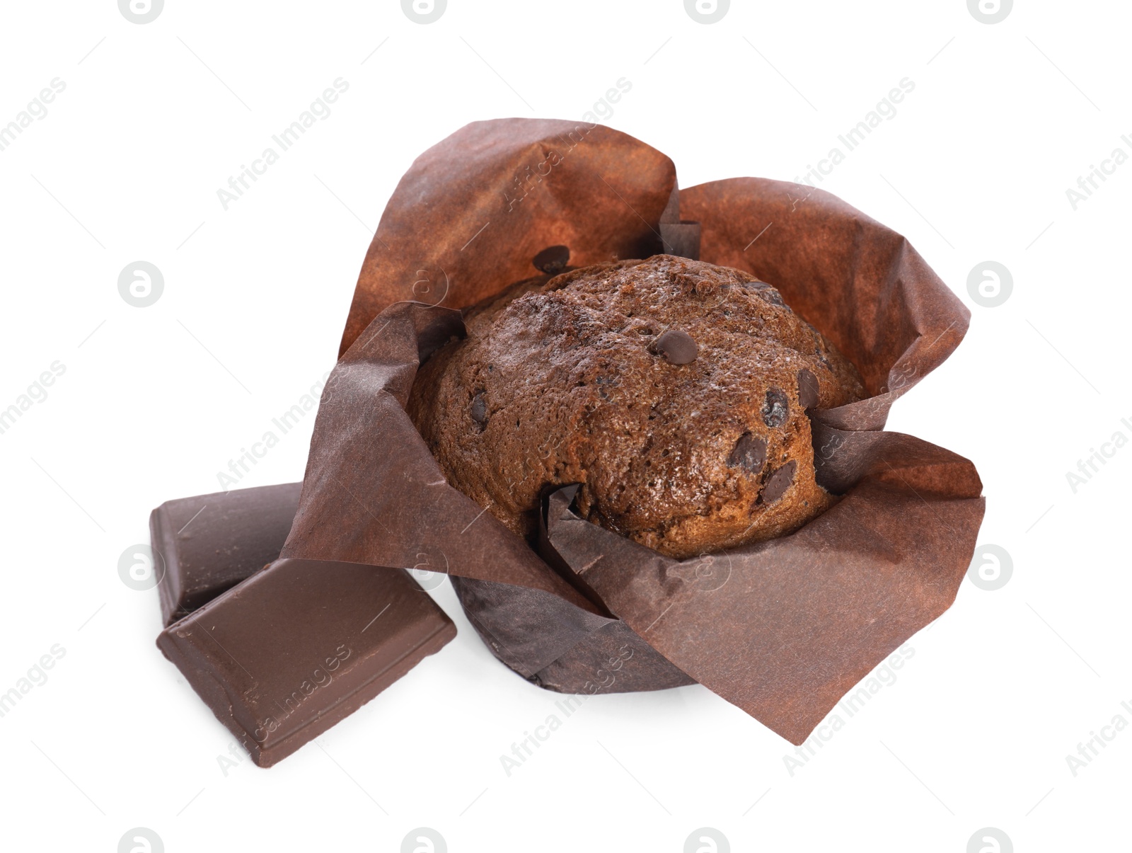 Photo of Delicious sweet muffin with chocolate chips isolated on white