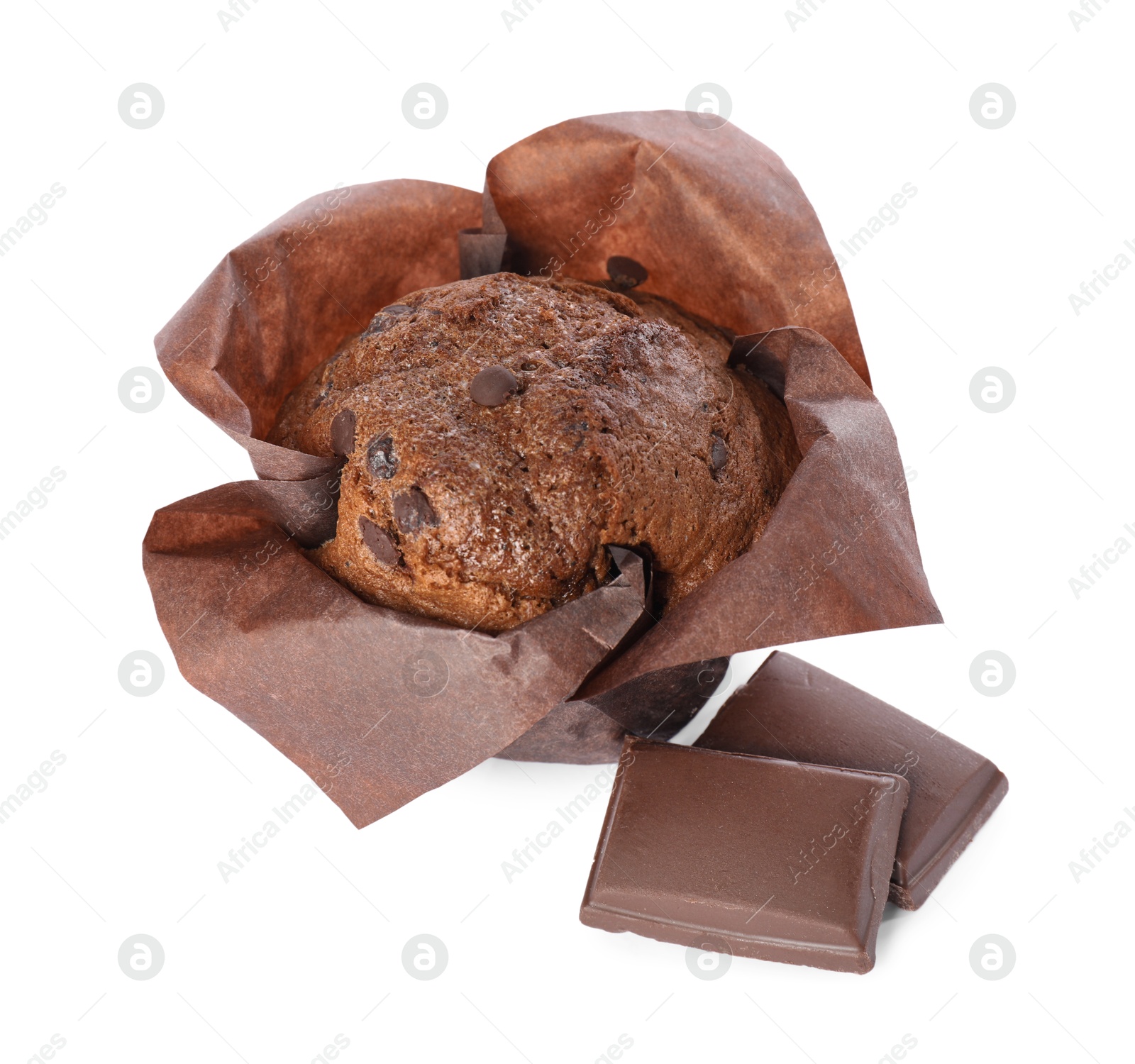 Photo of Delicious sweet muffin with chocolate chips isolated on white