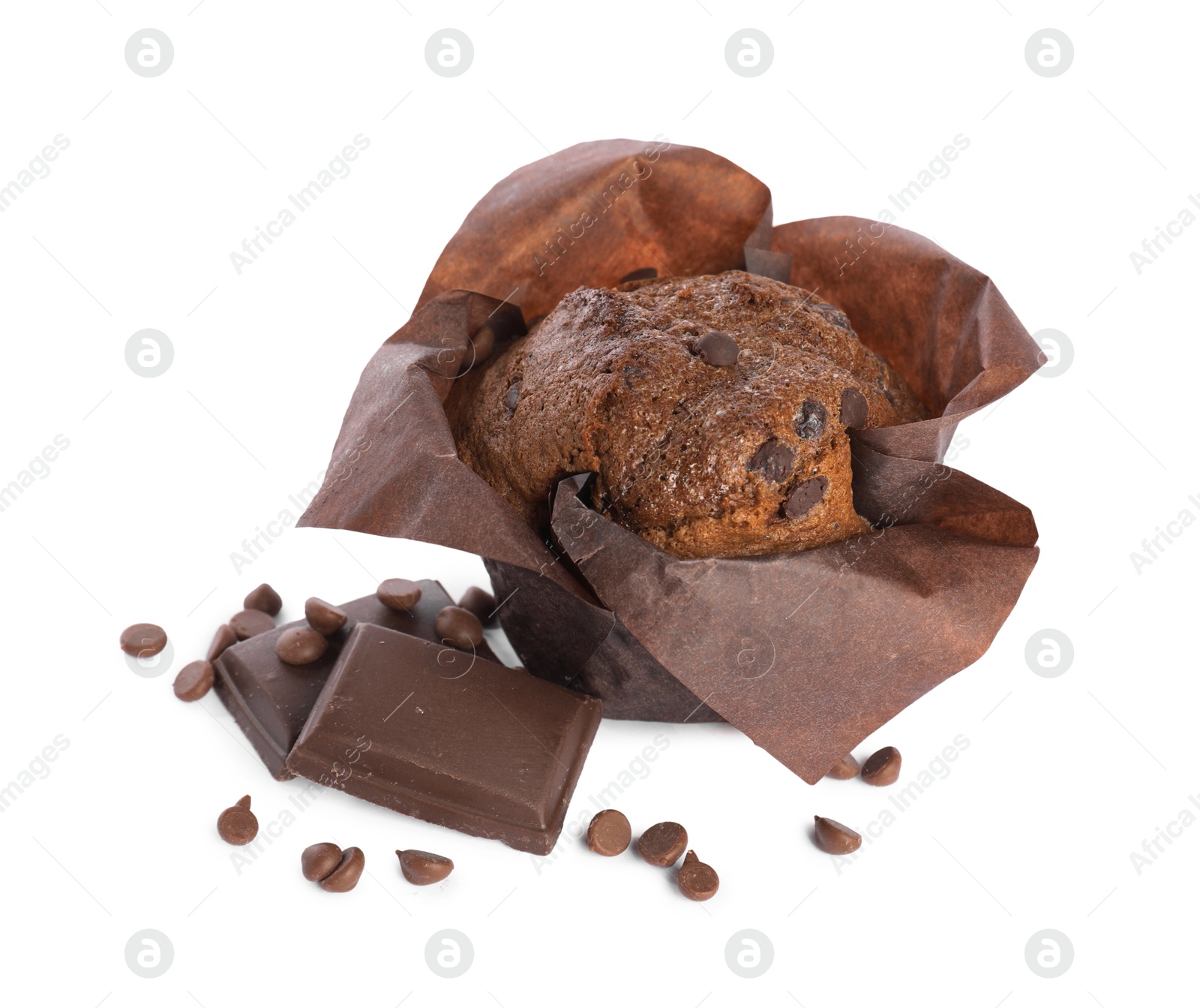 Photo of Delicious sweet muffin with chocolate chips isolated on white