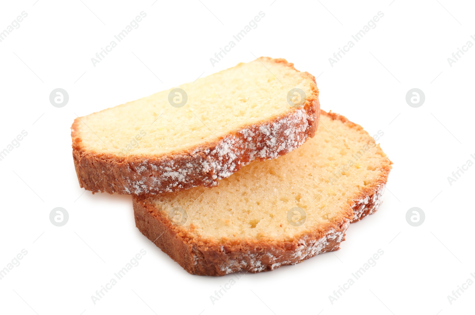 Photo of Slices of freshly baked sponge cake isolated on white