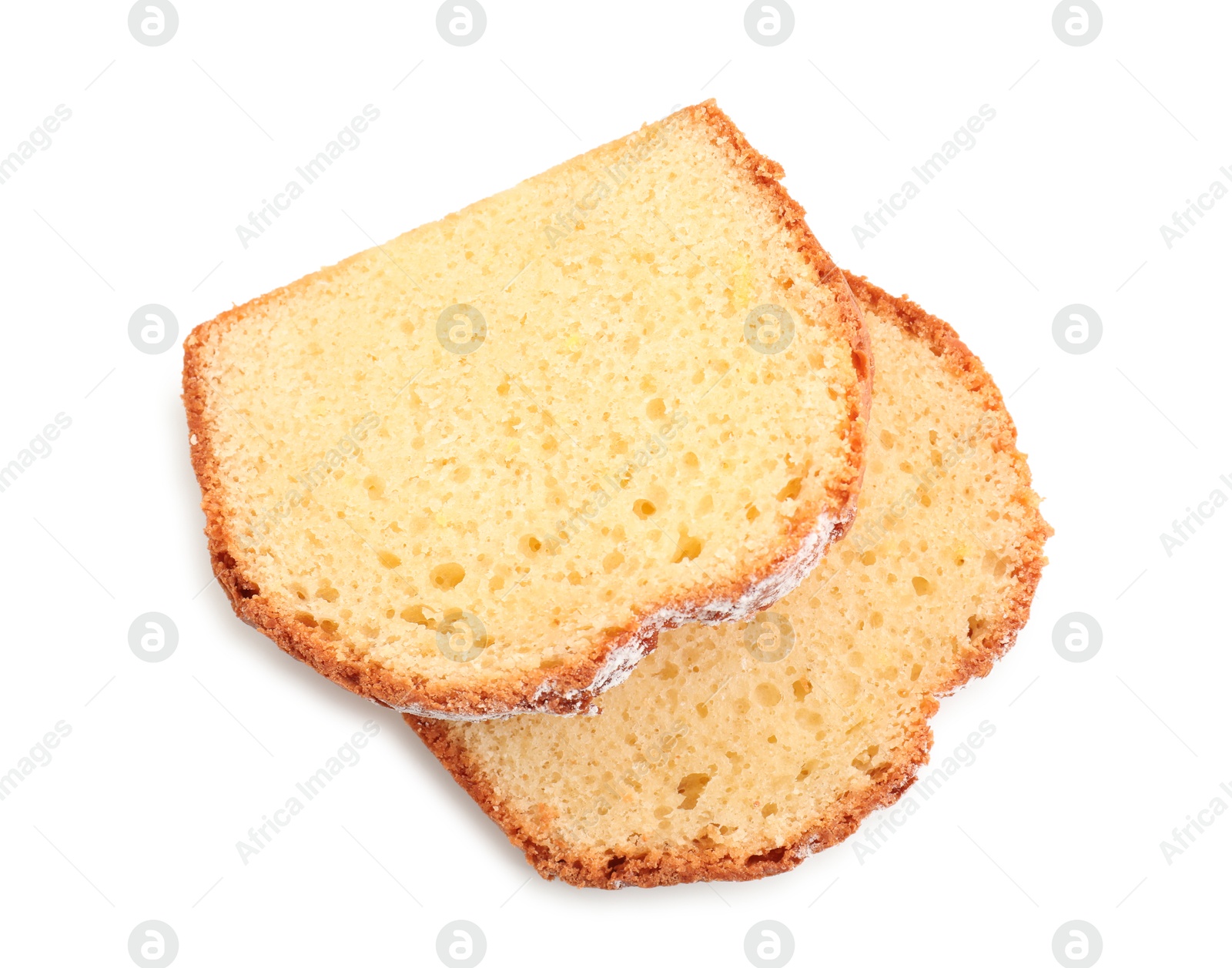 Photo of Slices of freshly baked sponge cake isolated on white, top view