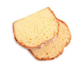 Photo of Slices of freshly baked sponge cake isolated on white, top view