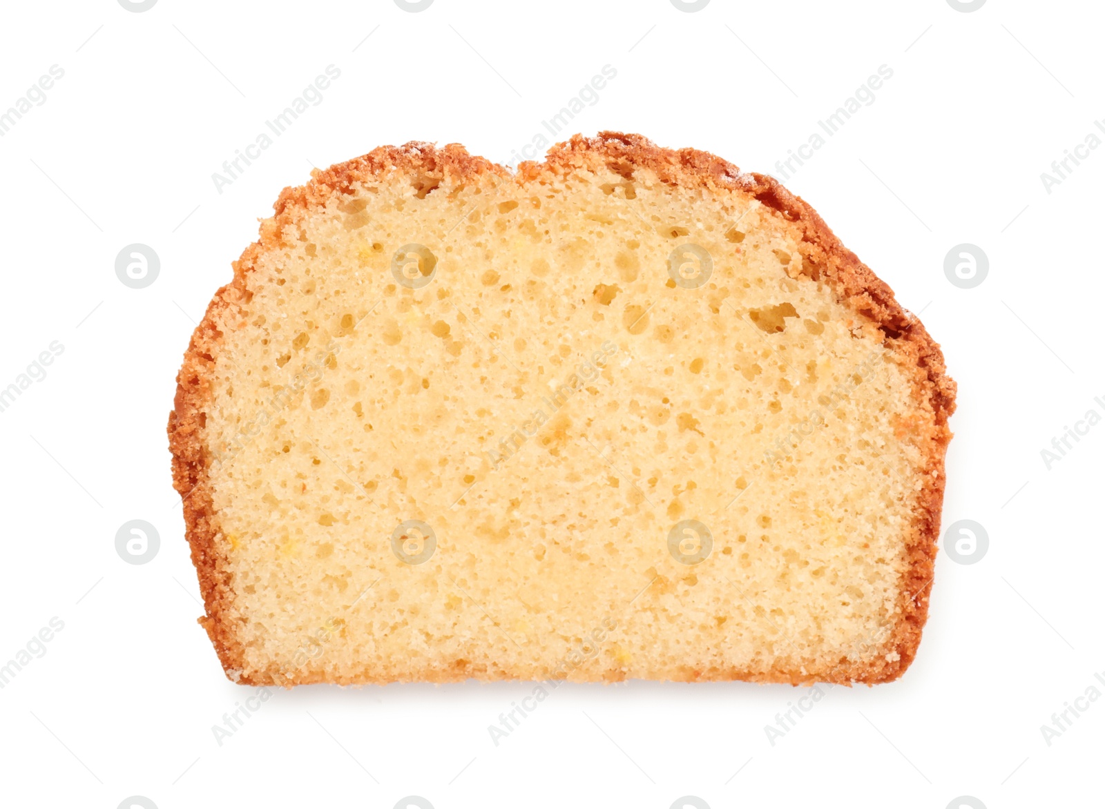 Photo of Slice of freshly baked sponge cake isolated on white, top view