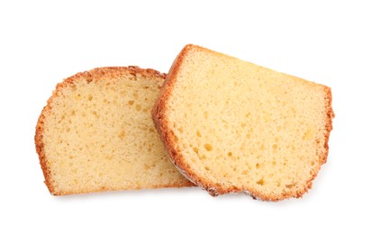 Photo of Slices of freshly baked sponge cake isolated on white, top view