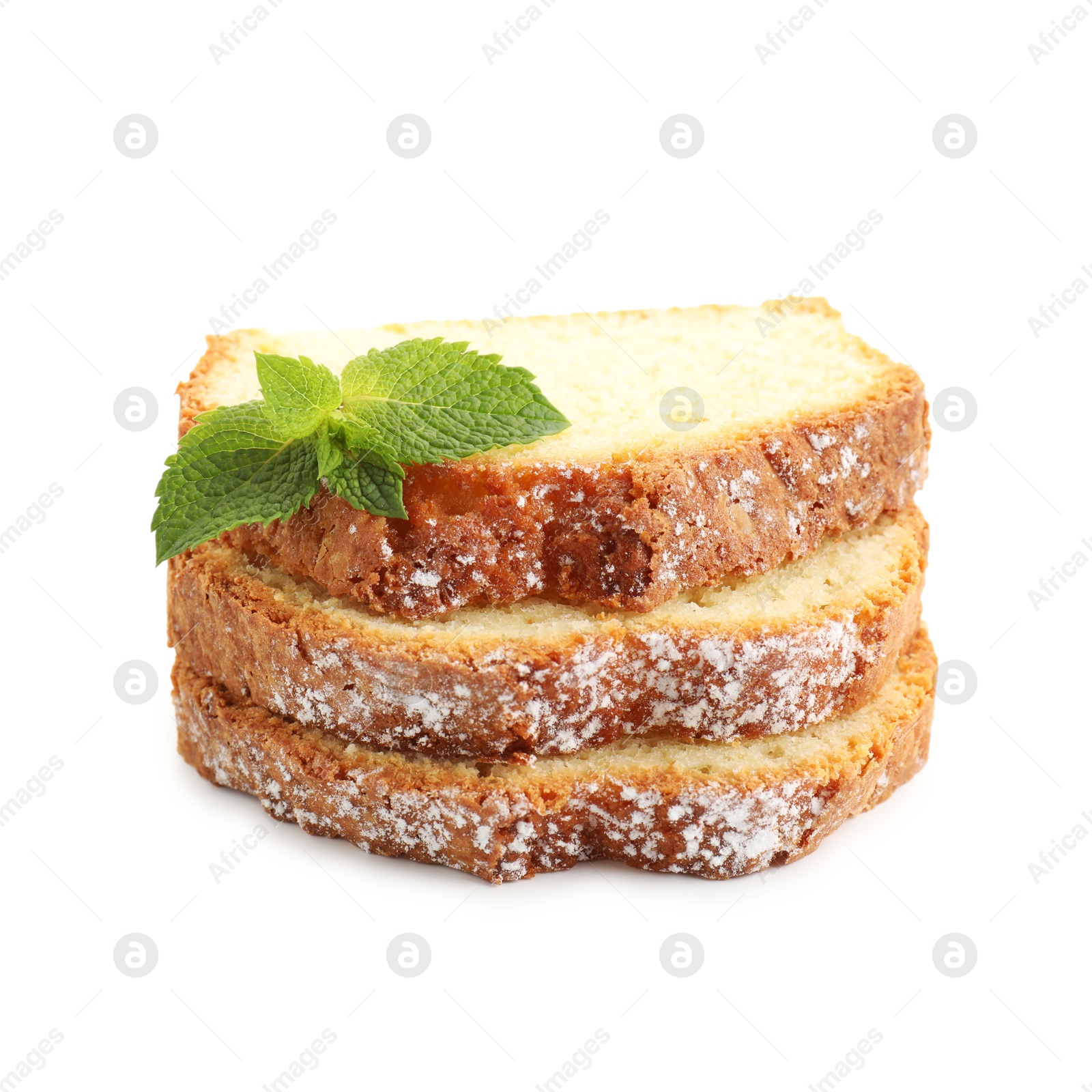 Photo of Slices of freshly baked sponge cake isolated on white