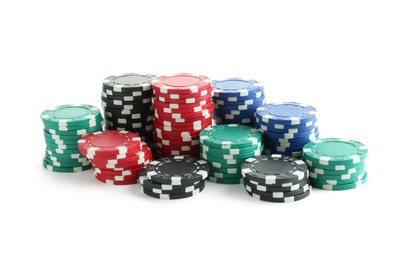 Photo of Poker game. Casino chips isolated on white