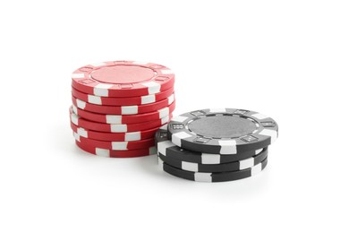 Photo of Poker game. Casino chips isolated on white