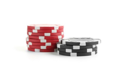 Photo of Poker game. Casino chips isolated on white