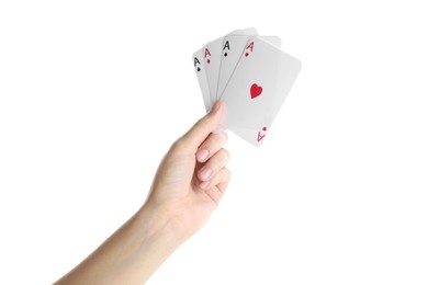 Poker game. Woman with playing cards on white background, closeup