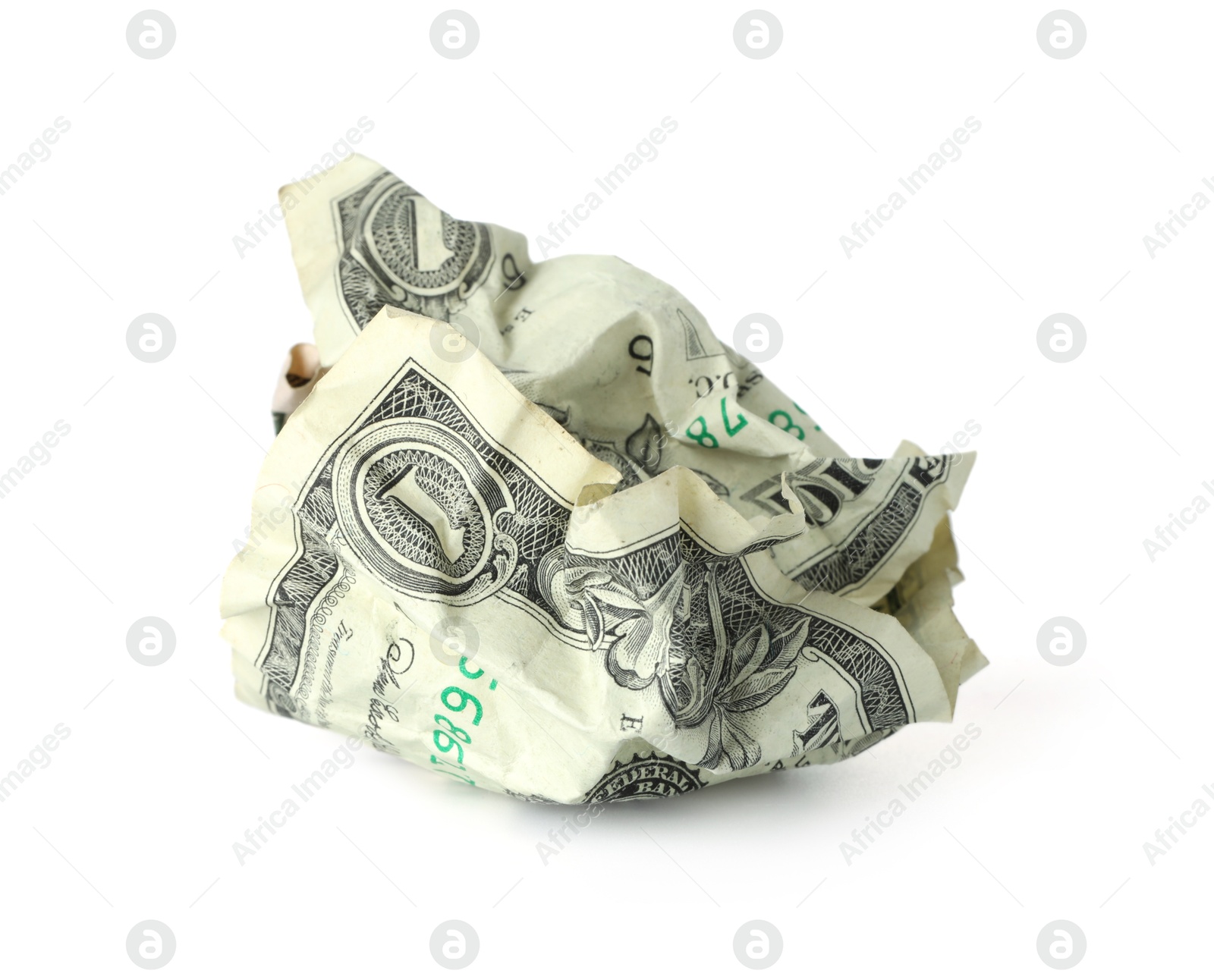 Photo of One crumpled dollar bill isolated on white