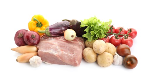 Photo of Different ingredients for stew isolated on white