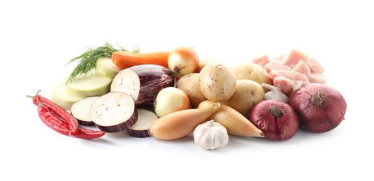 Photo of Uncooked ingredients for stew isolated on white