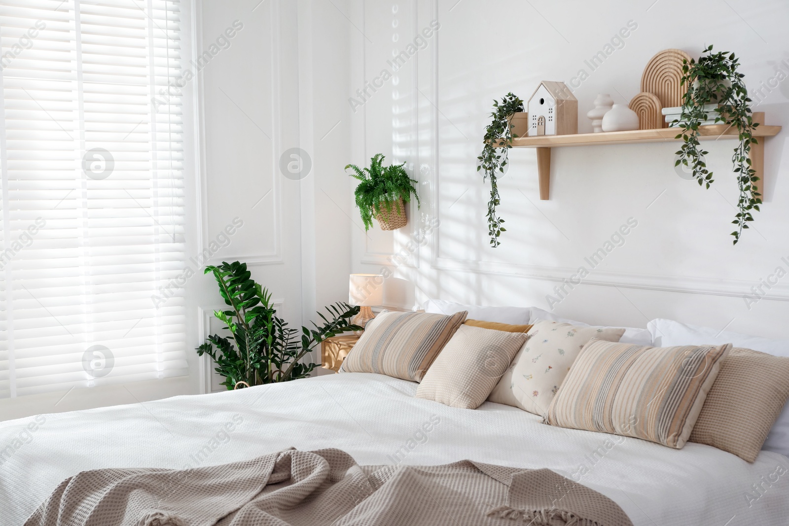 Photo of Stylish bedroom interior with large bed, houseplants and decorative elements