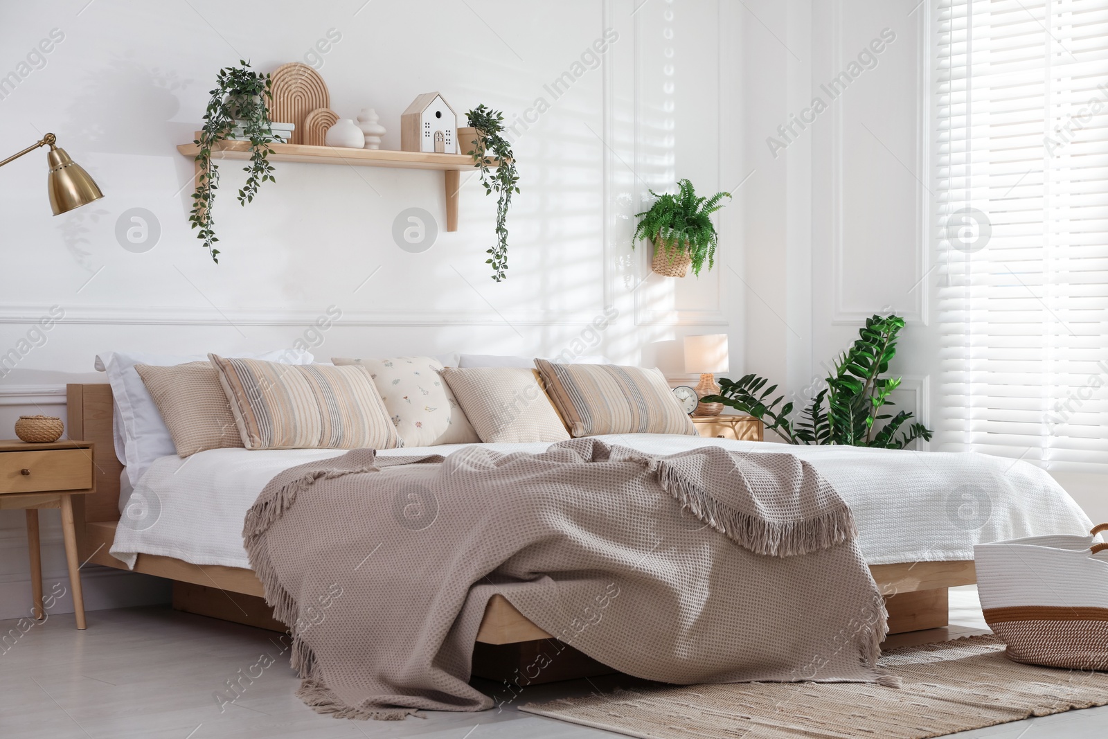 Photo of Stylish bedroom interior with large bed, houseplants and decorative elements