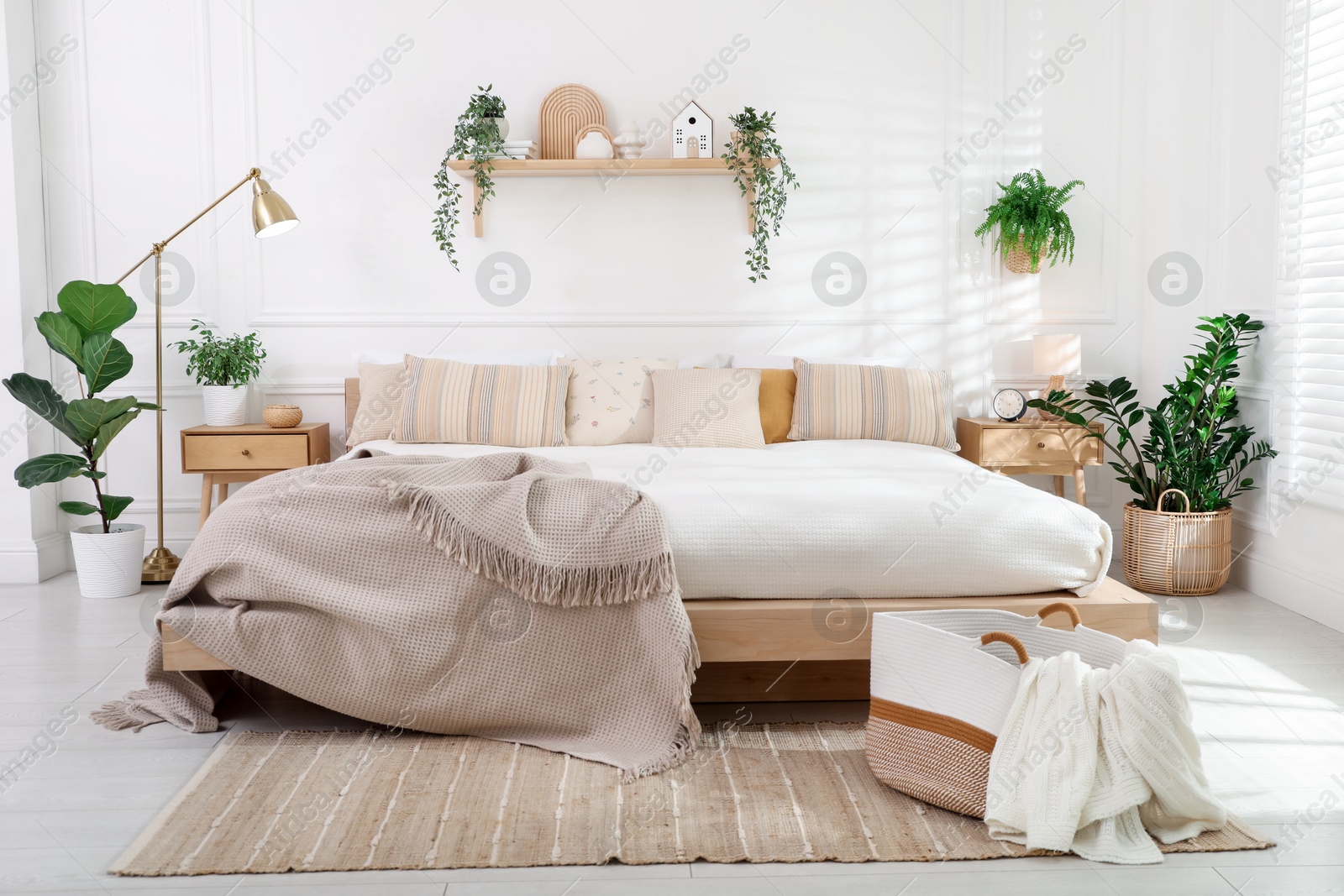 Photo of Stylish bedroom interior with large bed, houseplants and decorative elements