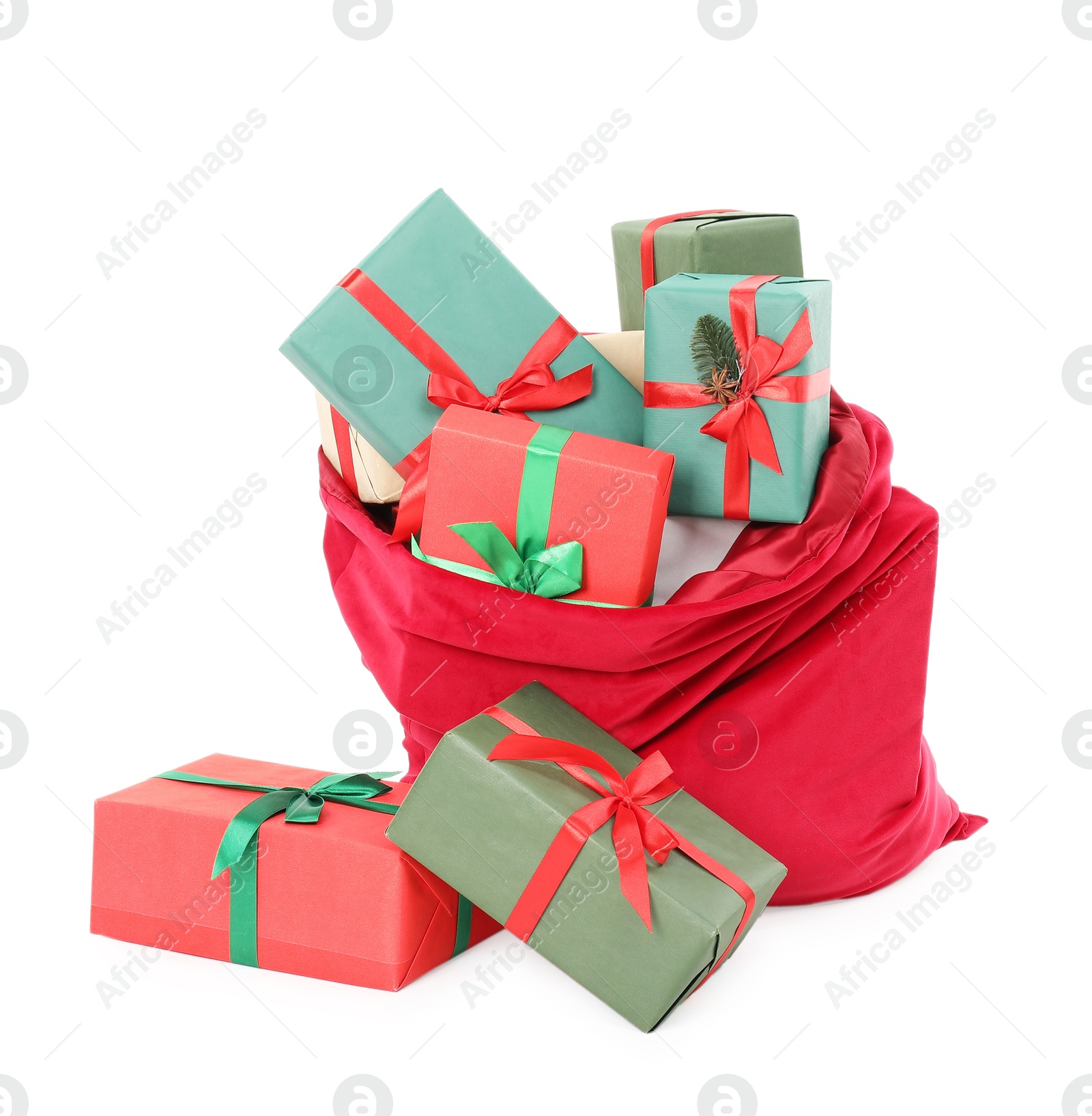 Photo of Santa Claus bag full of presents isolated on white