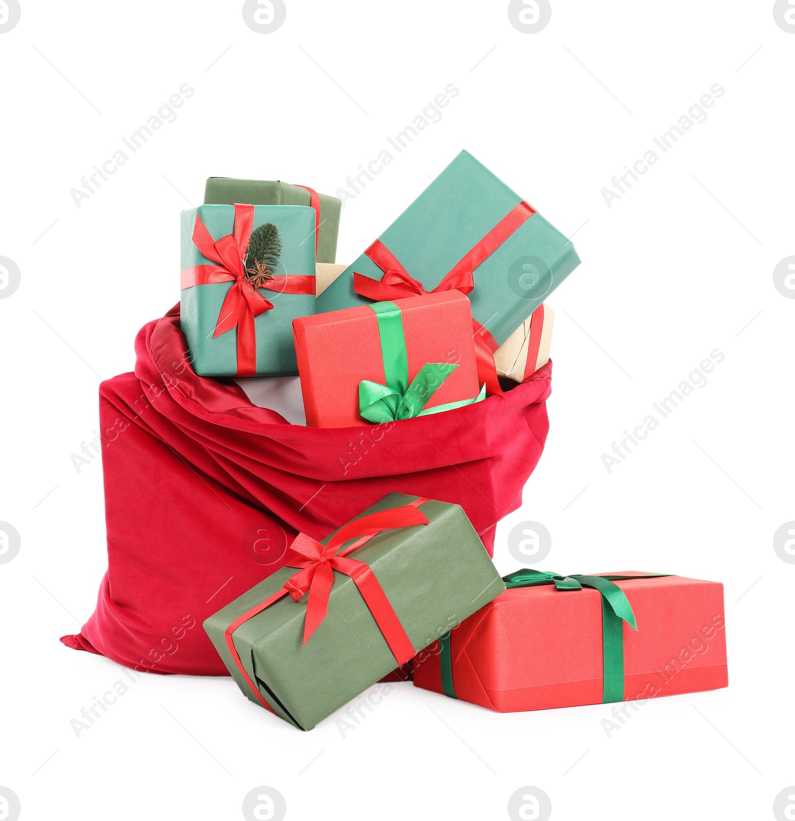 Photo of Santa Claus bag full of presents isolated on white